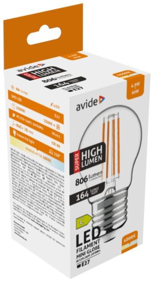 Avide LED Filament Σφαιρική 4.9W E27 Λευκό 4000K Super Υψηλής Φωτεινότητας