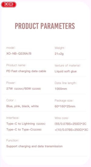 XO NB-Q226B 60W silicone two-color Type-C to Type-C data cable Pink