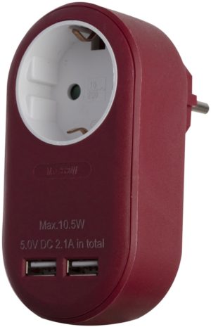 Entac Power Adapter 1 Grounded Socket and 2 USB (total 2.1A) Burgundy