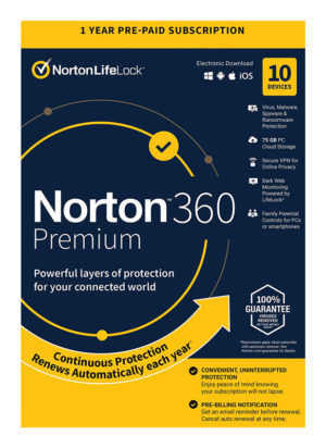 NORTON N360-ESD-3 | NORTON Antivirus 360 Premium ESD, 10 συσκευές, 75GB cloud, 1 έτος
