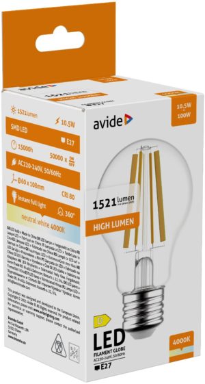 Avide LED Filament Globe 10.5W E27 A70 NW 4000K High Lumen