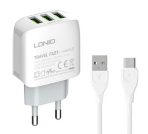 LDNIO 6933138691069 | LDNIO φορτιστής τοίχου A3312 με καλώδιο USB-C, 3x USB, 17W, λευκός
