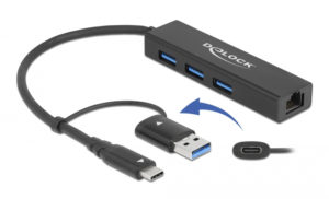 DELOCK USB hub 64149 3x USB 3.2 Gen 1/Gigabit LAN 1000Mbps, 5Gbps, μαύρο