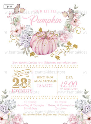 Προσκλητήριο Βάπτισης Pumpkin Pink Girl Flowers, για κορίτσι.