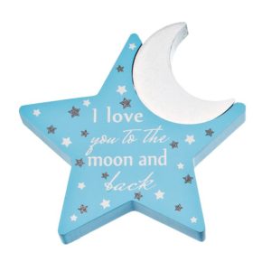 Ξύλινο αστέρι με κοπτικό φεγγάρι μπομπονιέρα βάπτισης, για αγόρι 13Χ13,5εκ.