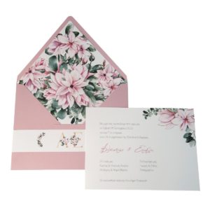 Προσκλητήριο γάμου My Mastoras με ροζ λουλούδια floral 22X17εκ.