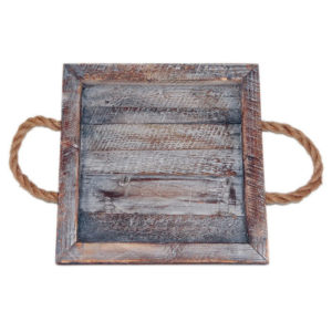 Ξύλινος δίσκος με παλαιωμένη όψη σχοινί χερούλι, 35Χ35Χ5εκ.