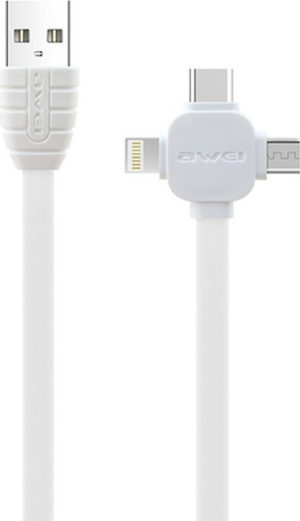 Awei Flat USB to Lightning / Type-C / micro USB Cable Λευκό 1m (CL-82)