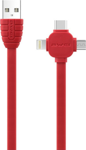 Awei Flat USB to Lightning / Type-C / micro USB Cable κόκκινο 1m (CL-82)