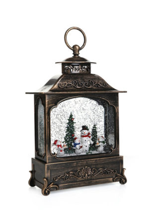Χριστουγεννιάτικο Φωτιζόμενο Φανάρι Μπαταρίας Bronze Με φως & ήχο με χιονόπτωση Χιονάνθρωπος 26x17cm oem CML133A