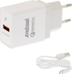 Andowl Φορτιστής με Θύρα USB-A και Καλώδιο USB-C Quick Charge 3.0 Λευκός (Q-W061B)