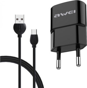 Φορτιστής Μπρίζας USB 2.1A Fast Charging & Καλώδιο USB Type-C Awei C-13T - Μαύρο