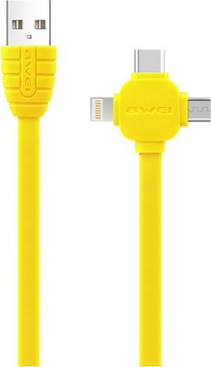 Awei Flat USB to Lightning / Type-C / micro USB Cable Κίτρινο 1m (CL-82)