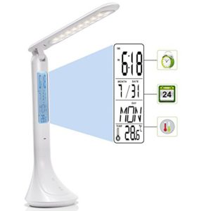 LED Desk Lamp, AVAWAY USB Rechargeable Table Lamp, Foldable Reading Lamp with LCD Display Calendar - Time/Temperature/Alarm Clock, 3 Levels Brightness