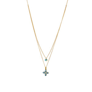 Loisir Κολιέ Princess μεταλλικό επίχρυσο διπλή αλυσίδα με σταυρό και τιρκουάζ glitter 01L15-01866