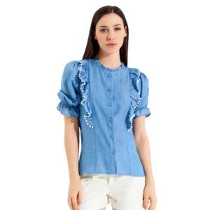 Κοντομάνικο τζιν πουκάμισο Rinascimento - Denim Blue, M