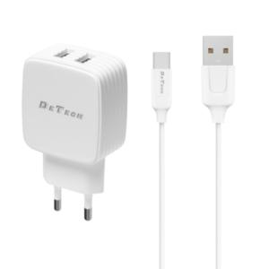 Network charger, DeTech, DE-33C, 5V/2.4A 220A, Universal, 2 x USB, Type-C cable, 1.0m, White - 40102