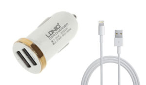 Car socket charger, LDNIO DL-C22, 5V/2.1A, Universal , 2xUSB, With cable for iPhone 5/6/7SE, White, Black - 14380