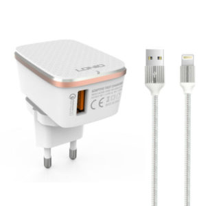 Network charger LDNIO A1204Q, Quick Charge 3.0, 1xUSB, Lightning (iPhone 5/6/7) cable, White - 14744