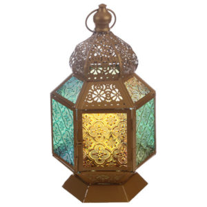 Floral Fretwork Gold Glass Moroccan Style Standing Lantern