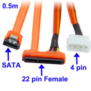 22 Pin SATA to 4 Pin + SATA Cable, Length: 0.5m