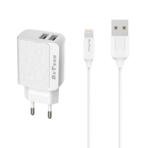 Network charger DeTech DE-09i, 5V/2.4A 220A, Universal, 2 x USB, With Lightning cable, 1.0m, White - 14142