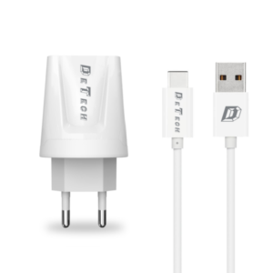 Network charger, DeTech, DE-01C, 5V/2.1A 220A, Universal, 2 x USB, Type-C cable, 1.0m, White - 14121
