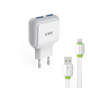 Network charger, EMY MY-220, 5V 2.4A, Universal , 2xUSB, With iPhone 5/6/7 cable - 14445