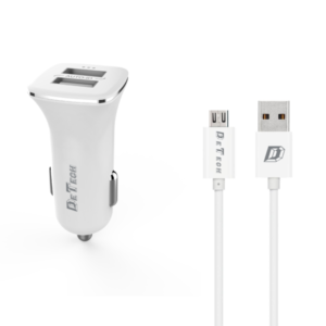 Car socket charger DeTech, DE-C01M, 5V/2.4A, 12/24V, With Micro USB cable, 2 x USB, White - 14124