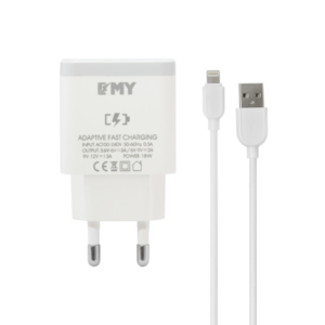 Network charger EMY MY-A301Q, Quick Charge 3.0, Lightning Cable, White - 14960
