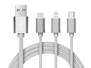 3 in 1 Charging Cable (USB Micro, USB Type-C & Lightning) - 1,2 Meter (Silver-Nylon)