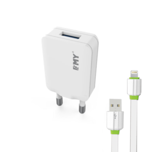 Network charger, EMY MY-223, 5V 1.0A, Universal , 1xUSB, With cable for iPhone 5/6/7, White - 14443