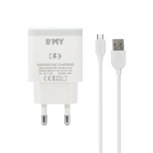 Network charger EMY MY-A301Q, Quick Charge 3.0, Micro USB Cable, White - 14959