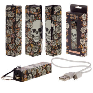Handy Portable USB Power Bank - Skull and Roses Design