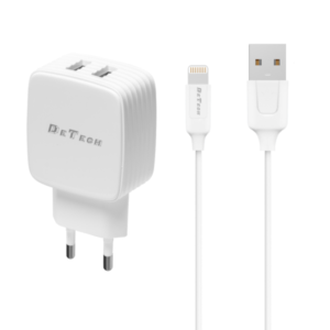 Network charger DeTech DE-33i, 5V/2.4A 220A, Universal, 2 x USB, With Lightning cable, 1.0m, White - 40101