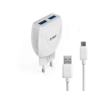 Network charger, EMY MY-221, 5V 2.1A, Universal , 2xUSB, With Type-C cable , White - 14850