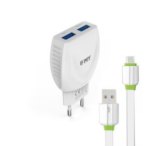 Network charger, EMY MY-221, 5V 2.1A, Universal , 2xUSB, With Micro USB cable , White - 14446