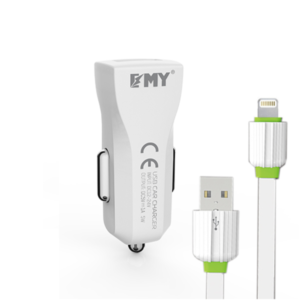 Car socket charger, EMY MY-110, 5V 1A, Universal , 1xUSB, with iPhone 5/6/7 cable, White - 14437