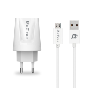 Network charger, DeTech, DE-01M, 5V/2.1A 220A, Universal, 2 x USB, Micro USB cable, 1.0m, White - 14119