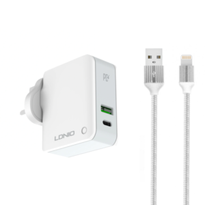 Network charger LDNIO A4403C, 1xUSB, 1xType-C PD, With Lightning cable, White - 40092