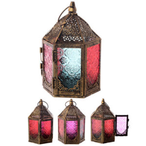 6 Sided Glass Moroccan Style Metal Standing Lantern