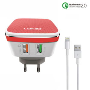 Network charger, LDNIO A2405Q, Quick Charge 2.0, 2 USB Ports, Lightning (iPhone 5/6/7) cable, White - 14468