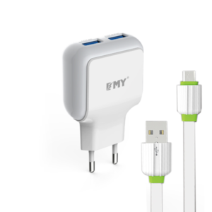 Network charger, EMY MY-220, 5V 2.4A, Universal , 2xUSB, With Micro USB cable, White - 14444