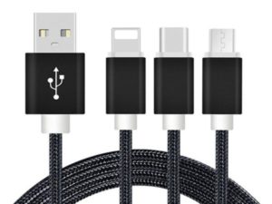 3 in 1 Charging Cable (USB Micro, USB Type-C & Lightning) - 1,2 Meter (Black-Nylon)