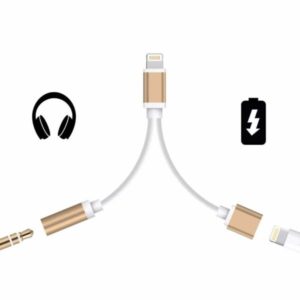 Adapter, DeTech, Lightning (iPhone 5/6/7) to 3.5mm Jack + Lightning port for charging, 12cm, Gold - 14460