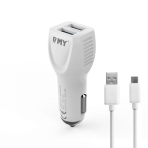 Car socket charger, EMY MY-112, 5V 2.4A, Universal , 2xUSB, With Type-C cable, White - 14200