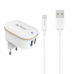 Network charger DeTech DE-15i, 5V/3.1A, 220A, Universal, 2 x USB, With Lightning cable, 1.0m, White - 40097