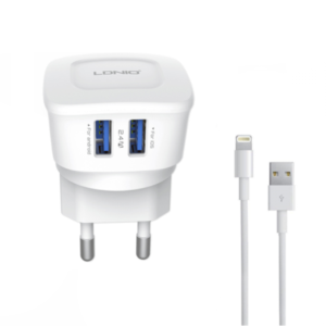 Network charger, LDNIO DL-AC56, 5V/2.4A, 2 USB Ports, Lightning (iPhone 5/6/7) cable, White - 14464