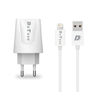 Network charger, DeTech, DE-01i, 5V/2.1A 220A, Universal, 1 x USB, With Lightning cable, 1.0m, White - 14120