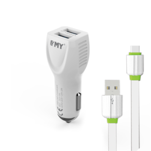 Car socket charger EMY MY-112, 5V 2.4A, Universal , 2xUSB, With Type-C cable, White - 14958